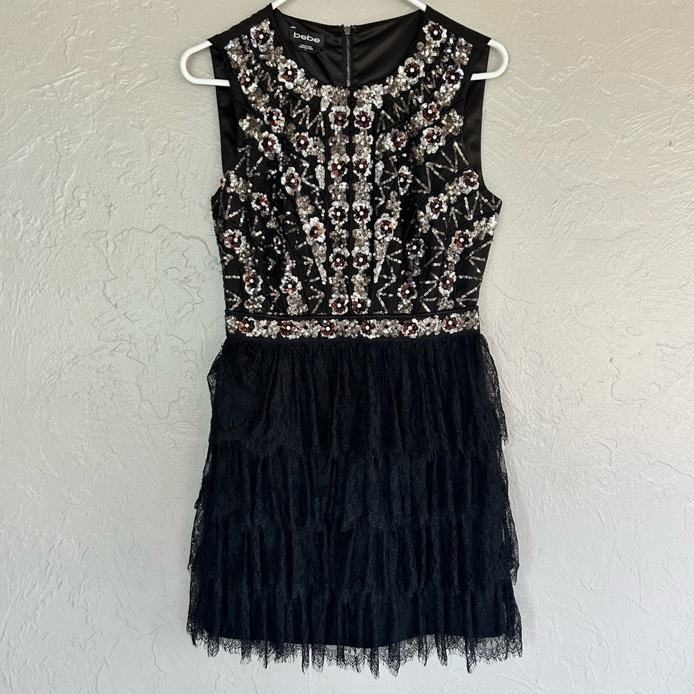 BEBE Black Sequin and Lace Mini Dress